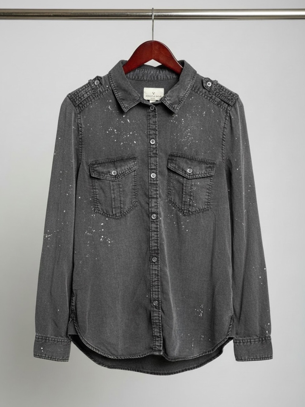 American Eagle Outfitters Black Washed Button-Up Shirt with Paint Speckle